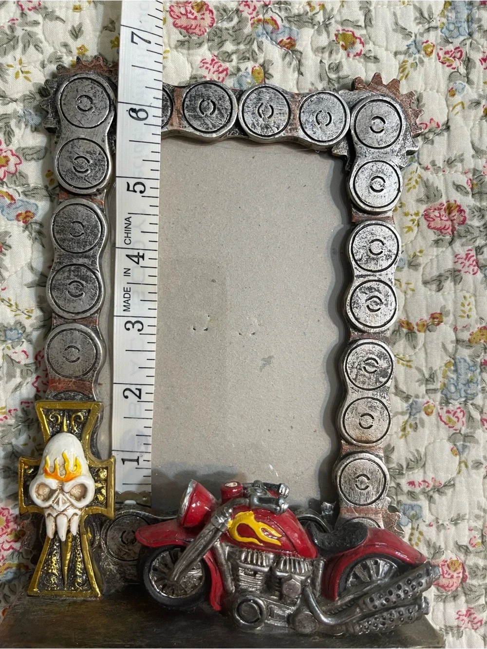 Motorcycle Picture Frame with cross and skull.      4”x6”